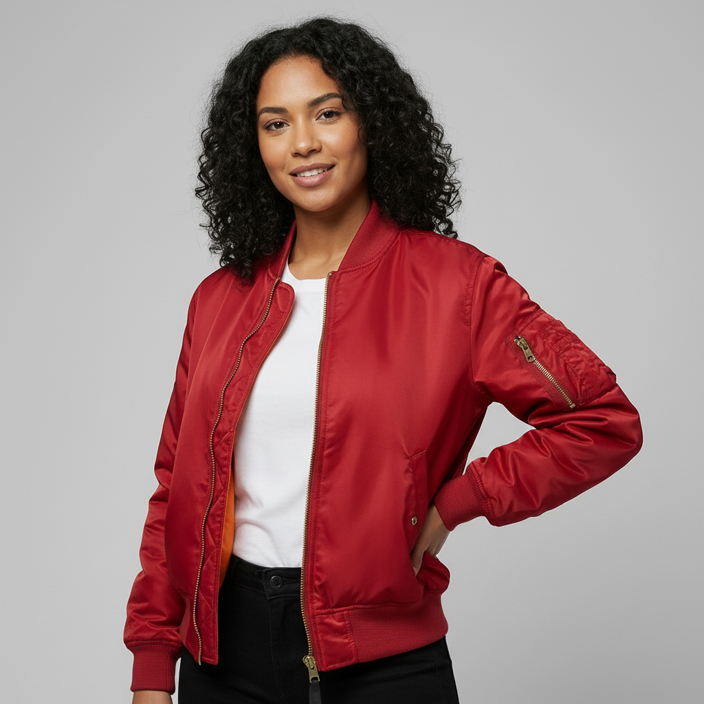 Women's Bomber Jacket with Quilted Storm Flap and Utility Sleeve Pocket - Image 2