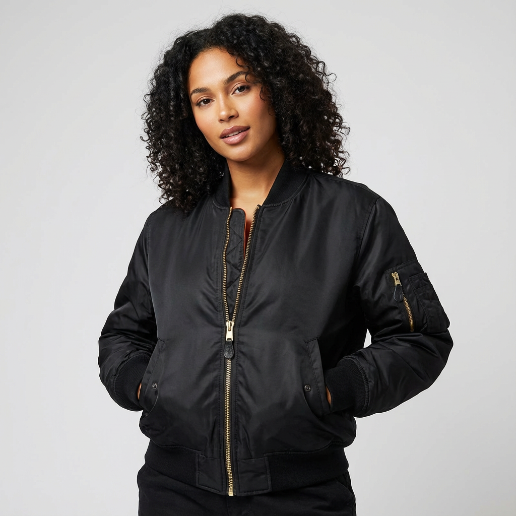 Women's Bomber Jacket with Quilted Storm Flap and Utility Sleeve Pocket - Image 3