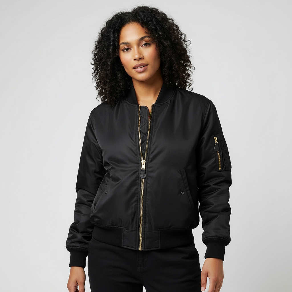 Women's Bomber Jacket with Quilted Storm Flap and Utility Sleeve Pocket - Image 4