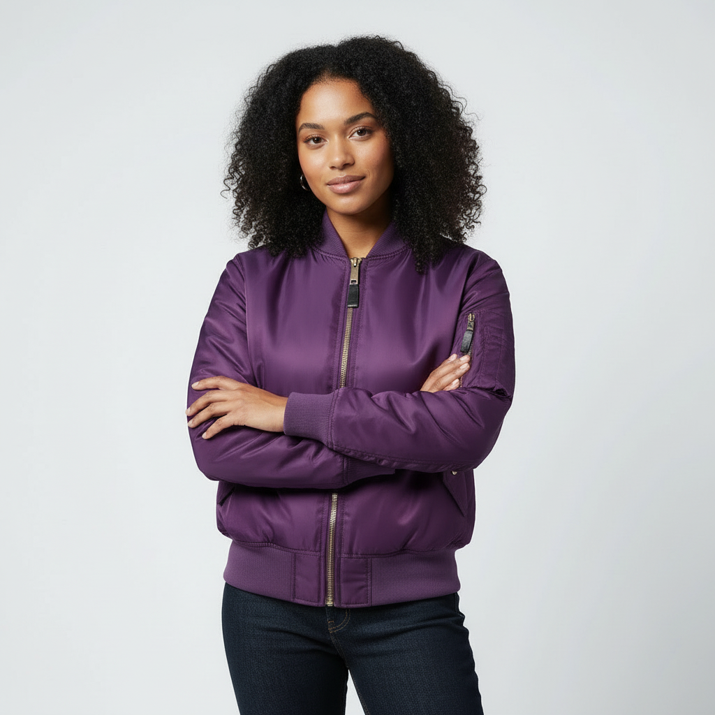 Women's Bomber Jacket with Quilted Storm Flap and Utility Sleeve Pocket - Image 6