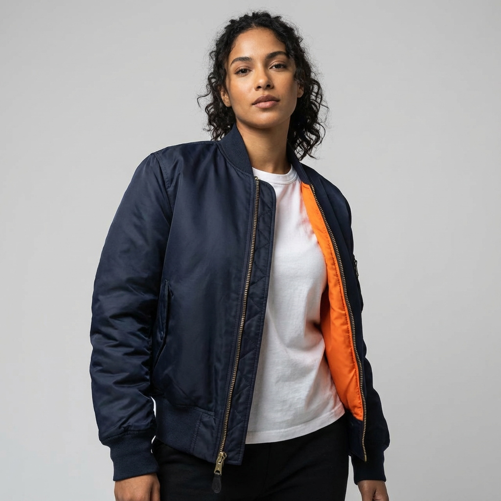 Women's Bomber Jacket with Quilted Storm Flap and Utility Sleeve Pocket - Image 7