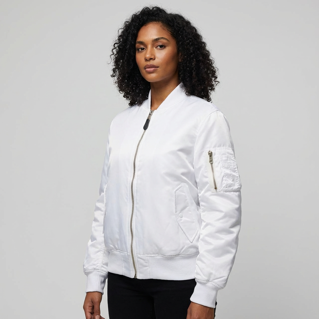 Women's Bomber Jacket with Quilted Storm Flap and Utility Sleeve Pocket - Image 8