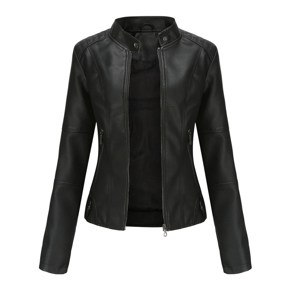 Women's Faux Leather Moto Jacket with Quilted Shoulders and Snap Collar - Image 1