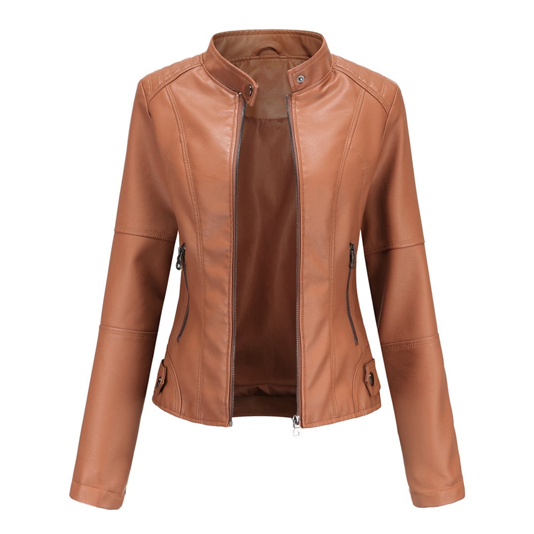 Women's Faux Leather Moto Jacket with Quilted Shoulders and Snap Collar - Image 2