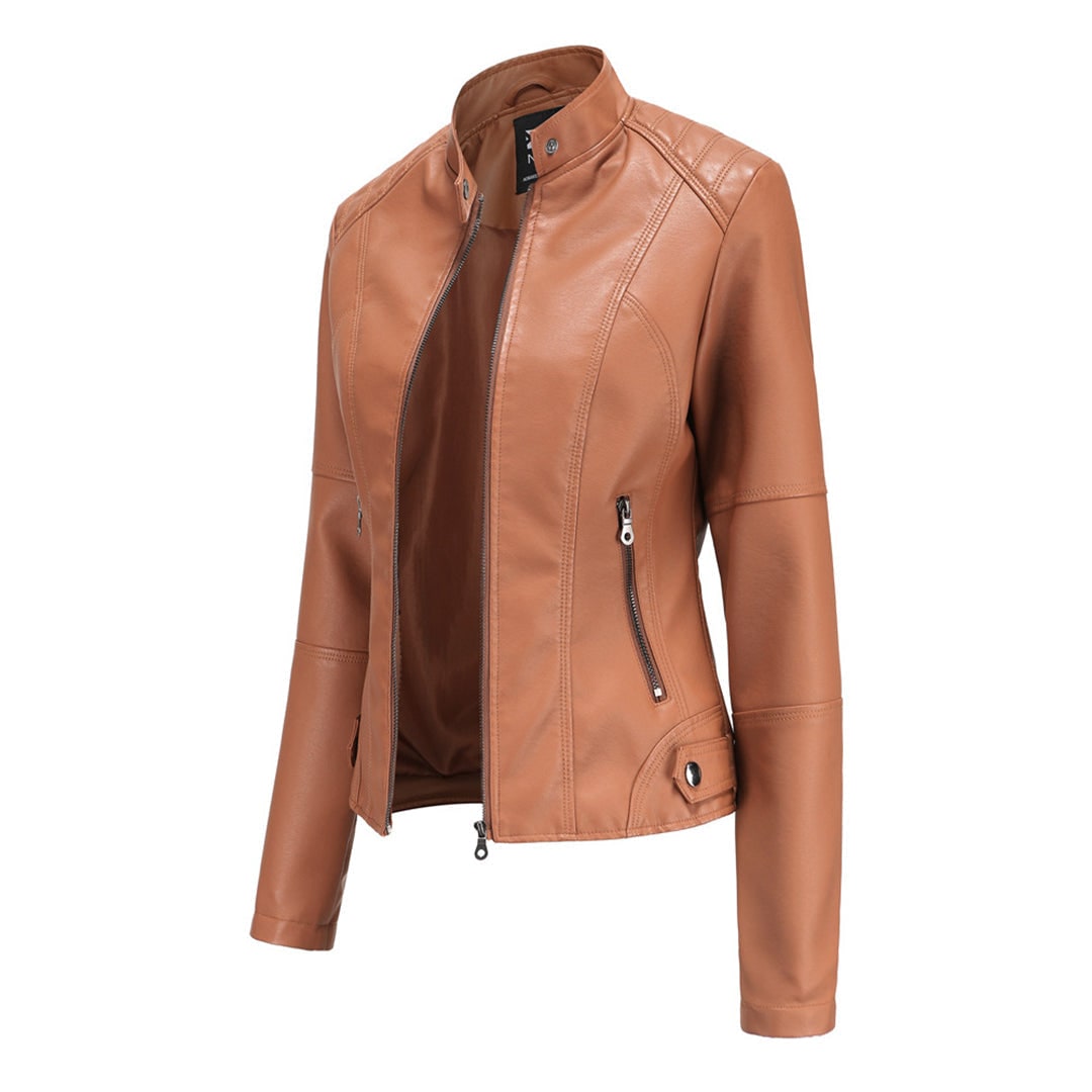Women's Faux Leather Moto Jacket with Quilted Shoulders and Snap Collar - Image 3