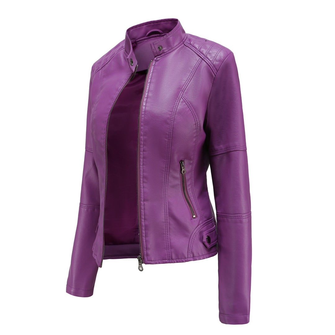 Women's Faux Leather Moto Jacket with Quilted Shoulders and Snap Collar - Image 5
