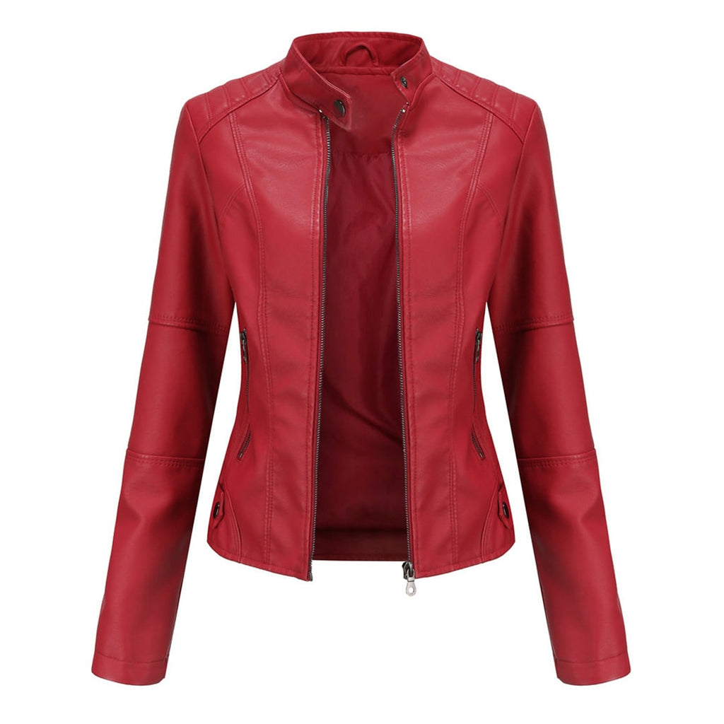 Women's Faux Leather Moto Jacket with Quilted Shoulders and Snap Collar - Image 6