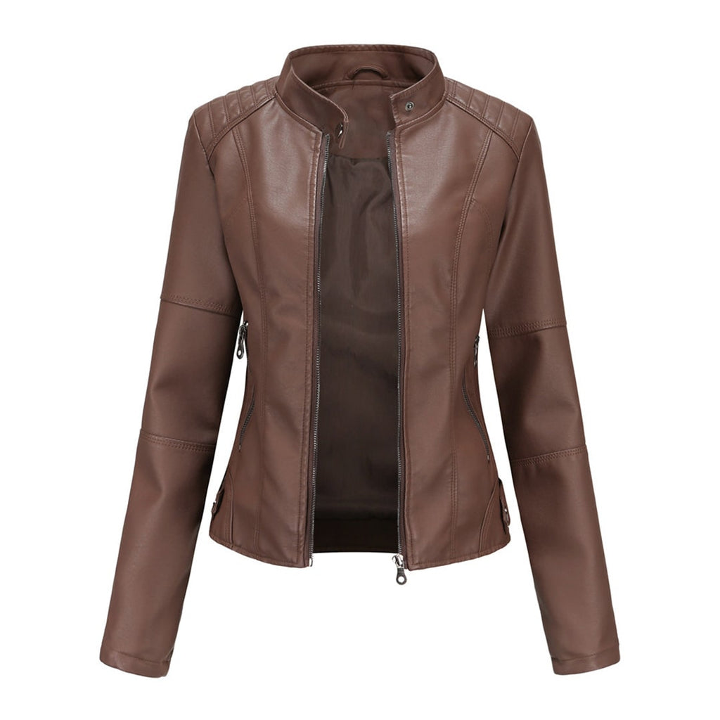 Women's Faux Leather Moto Jacket with Quilted Shoulders and Snap Collar - Image 8