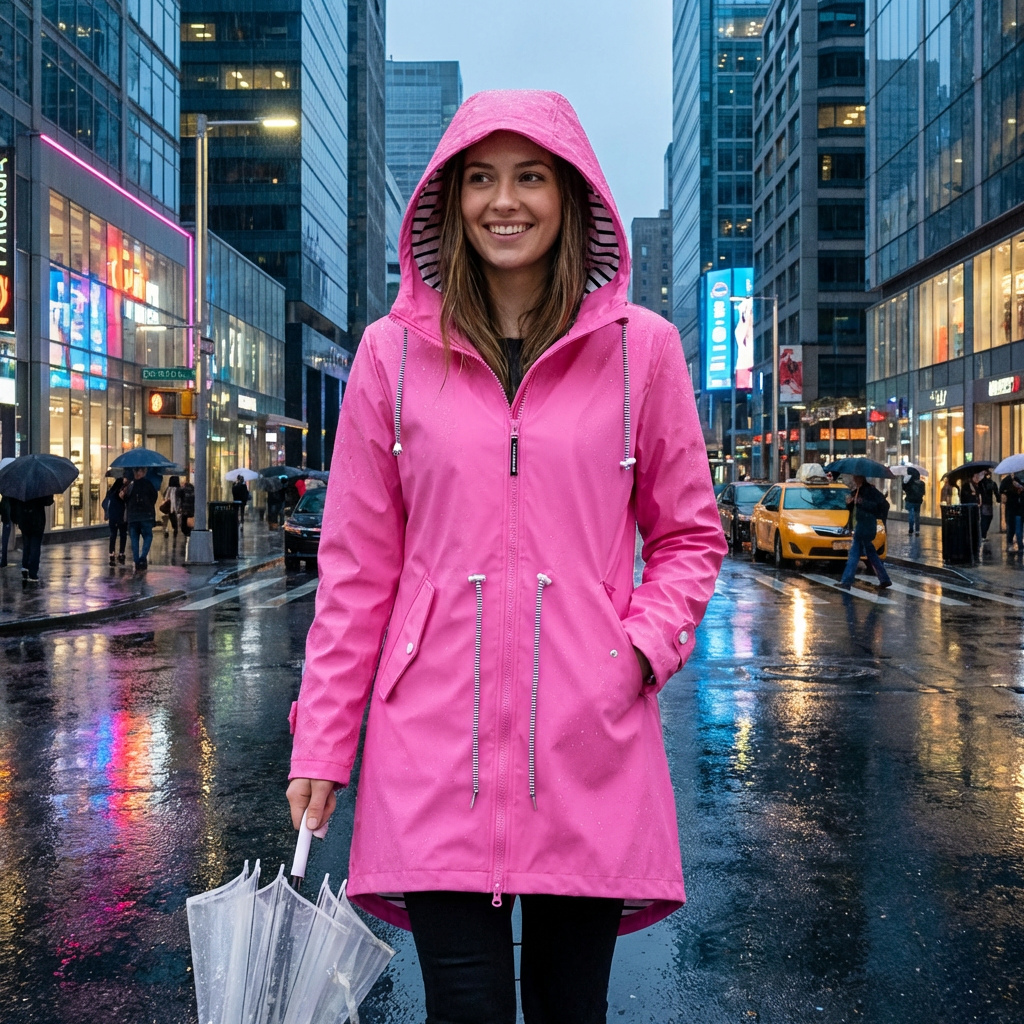 Women's Hooded Waterproof Rain Jacket with Striped Lining and Drawstring Waist - Image 2
