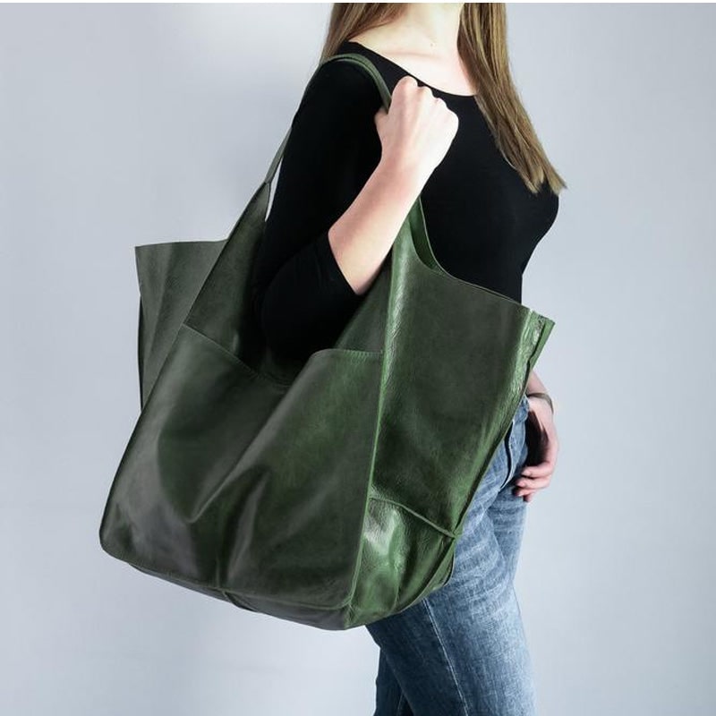 Women's Leather Tote Bag with Large Front Pocket and Slouchy Unstructured Silhouette for Work - Image 2
