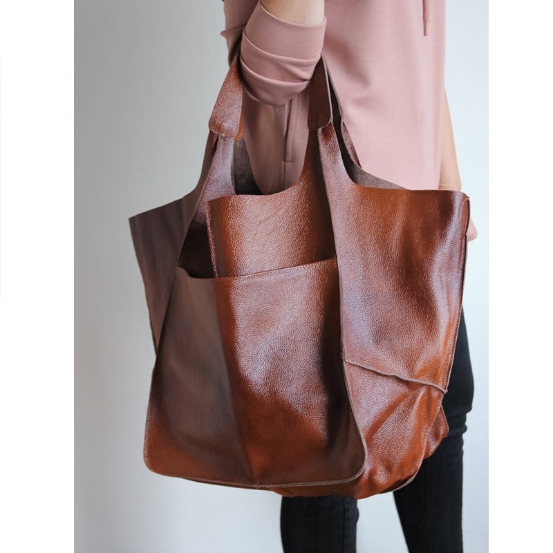 Women's Leather Tote Bag with Large Front Pocket and Slouchy Unstructured Silhouette for Work - Image 6