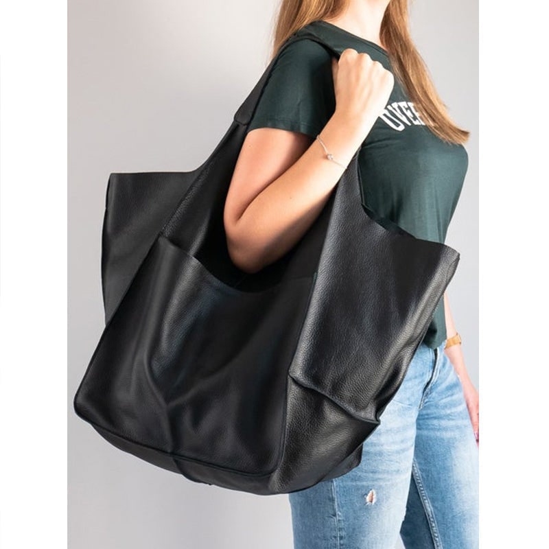 Women's Leather Tote Bag with Large Front Pocket and Slouchy Unstructured Silhouette for Work - Image 7