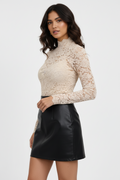 Women's Long Sleeve Lace Top with Mock Neck and Scalloped Trim - Image 1