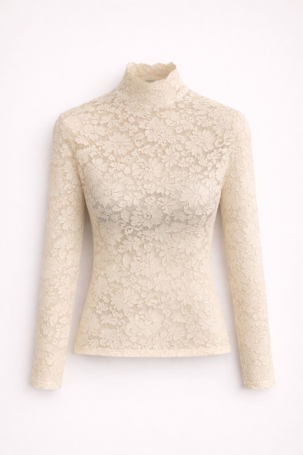 Women's Long Sleeve Lace Top with Mock Neck and Scalloped Trim - Image 2