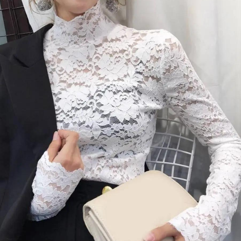 Women's Long Sleeve Lace Top with Mock Neck and Scalloped Trim - Image 4