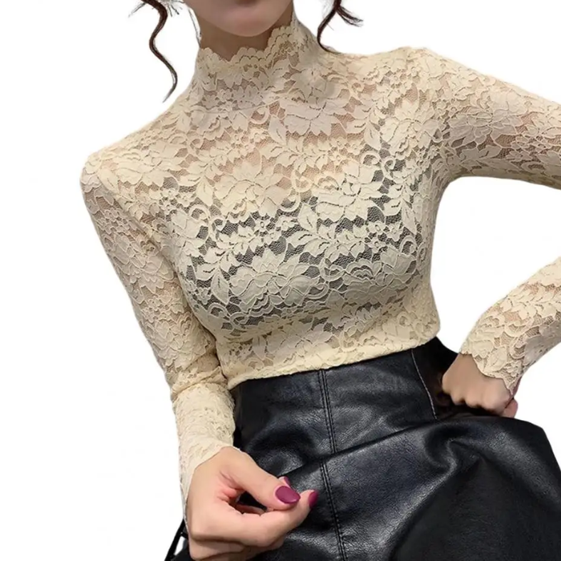 Women's Long Sleeve Lace Top with Mock Neck and Scalloped Trim - Image 6