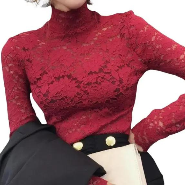 Women's Long Sleeve Lace Top with Mock Neck and Scalloped Trim - Image 7