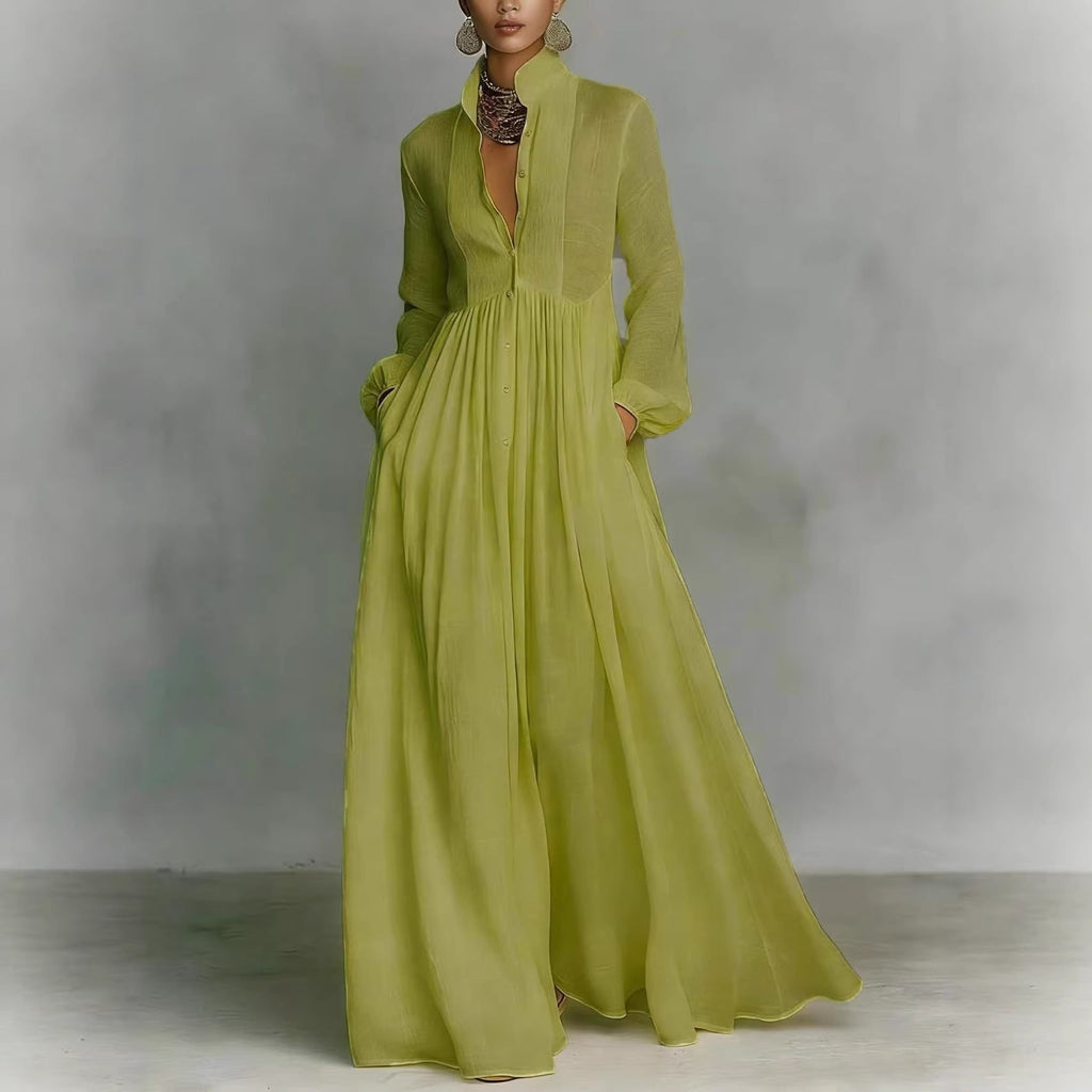 Women's Long Sleeve Wedding Dress Maxi with Pleated Bodice and Pockets - Image 3
