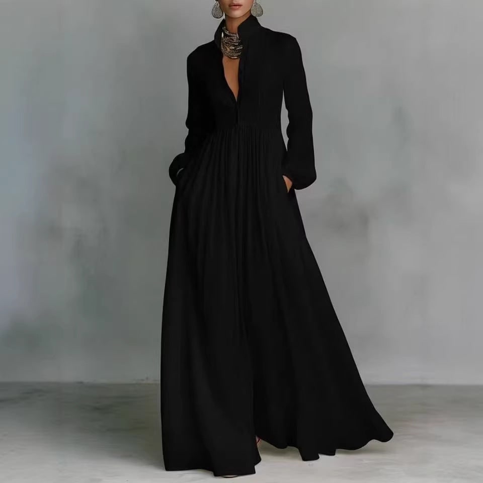 Women's Long Sleeve Wedding Dress Maxi with Pleated Bodice and Pockets - Image 4