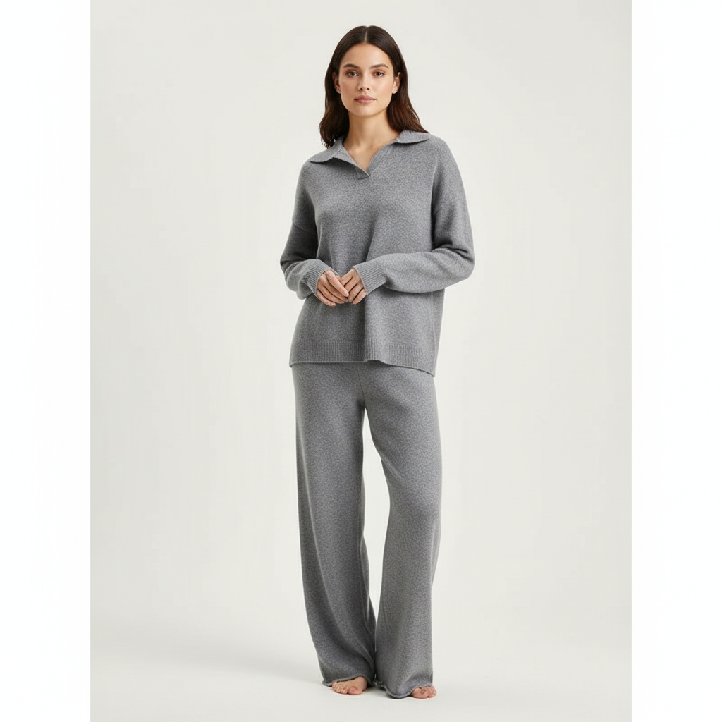 Women's Lounge Set Knit Two Piece with Wide Leg Pants and Polo Collar - Image 10