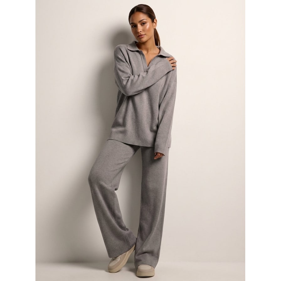 Women's Lounge Set Knit Two Piece with Wide Leg Pants and Polo Collar - Image 11