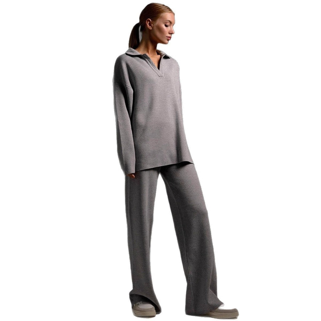 Women's Lounge Set Knit Two Piece with Wide Leg Pants and Polo Collar - Image 13