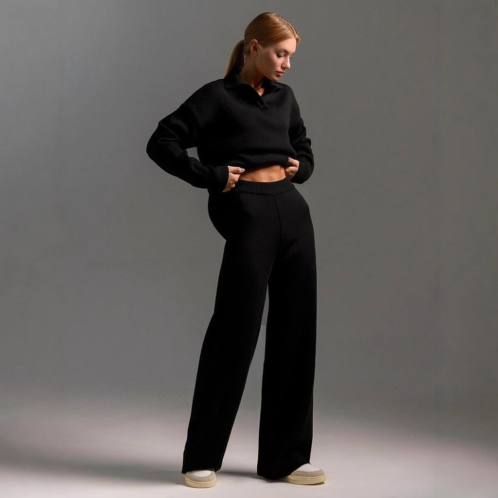 Women's Lounge Set Knit Two Piece with Wide Leg Pants and Polo Collar - Image 8