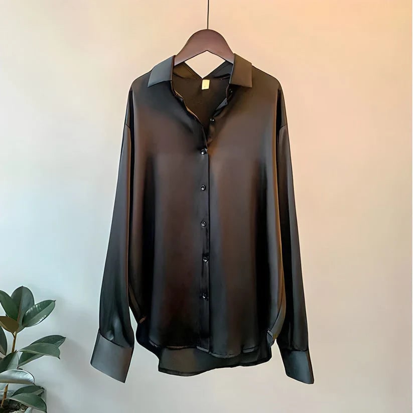 Women's Silk Blouse with Long Sleeves Button Down Satin Pointed Collar - Image 3