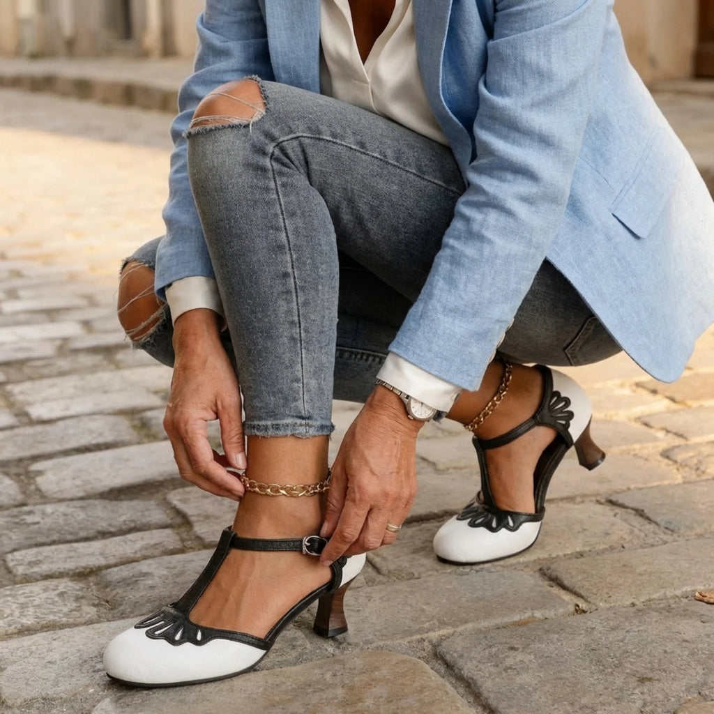 Women's Vintage T-Strap Heels with Scalloped Overlay and Adjustable Buckle Strap - Image 2