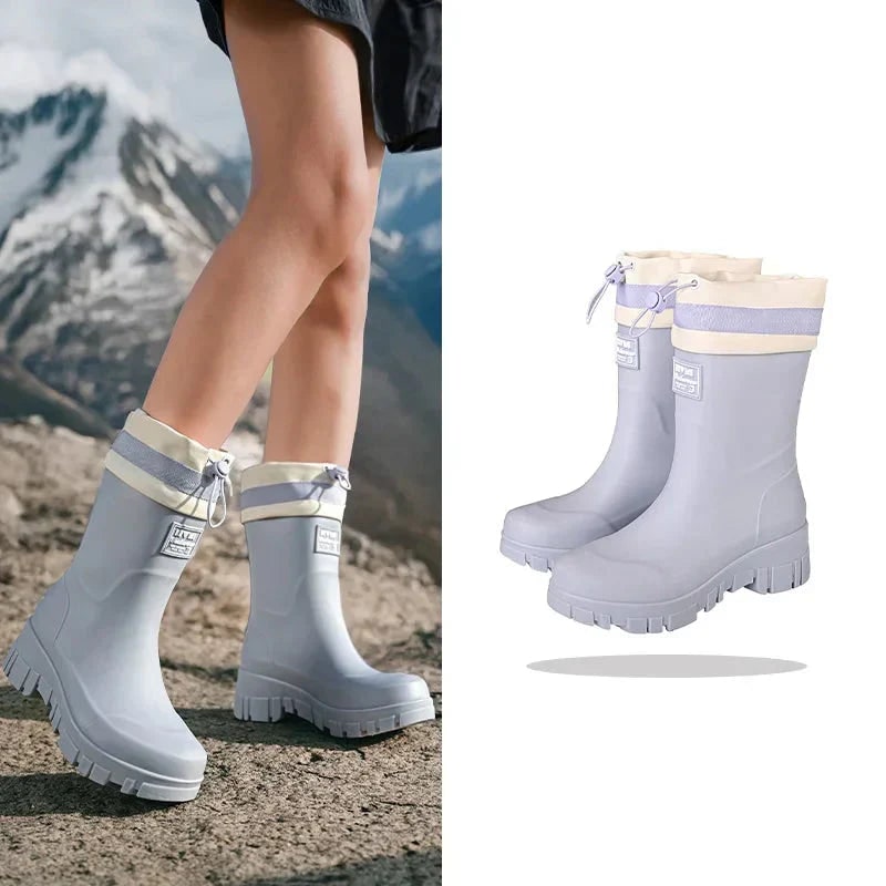 Women's Waterproof Rain Boots with Drawstring Collar and Chunky Lug Sole - Image 16