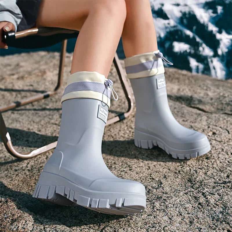 Women's Waterproof Rain Boots with Drawstring Collar and Chunky Lug Sole - Image 19