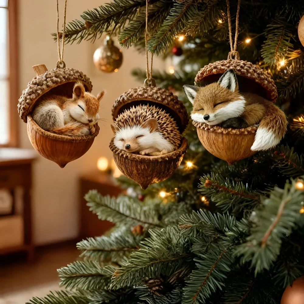 Woodland Christmas Ornaments with Hand-Painted Acorn Design and Hanging Loop - Image 1